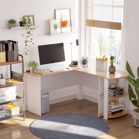 Mesa de Ordenador PC Escritorio con Estantes para Oficina Hogar Tipo Esquinera Forma L 136x130x72cm Madera (1/4)
