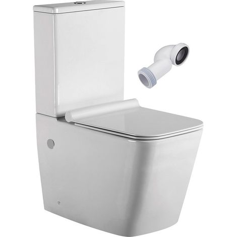 Inodoro Completo Cuadrado  Blanco Brillo  Inodoro Tanque Bajo con Cisterna  Adosado a Pared  Codo Incluido (1/5)