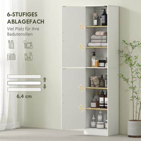 Badezimmerschrank, Höhe 180 cm, schmaler Badezimmerschrank mit 2 Türen, 4 verstellbare Einlegeböden, Spanplatte, MDF, weiß. (1/5)
