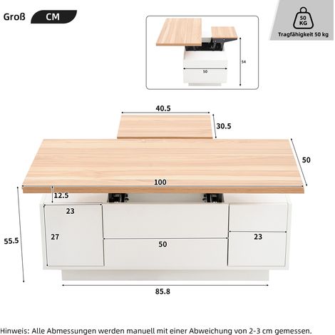 Table basse moderne avec mécanisme de levage double, rangement caché – Charge maximale 50 kg (1/5)