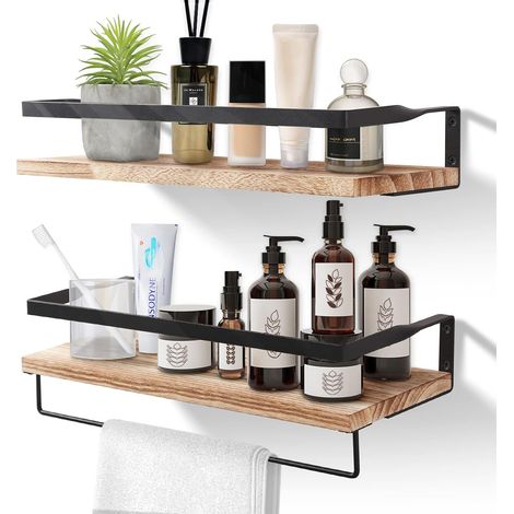 Etagere Murale Lot de 2, Etagères Murales Flottantes en Bois, Porte-Serviettes et Crochets Amovible, Charge Maximale 15kg pour Salon, Chambre, Bureau, Salle de Bain, Cuisine (1/5)