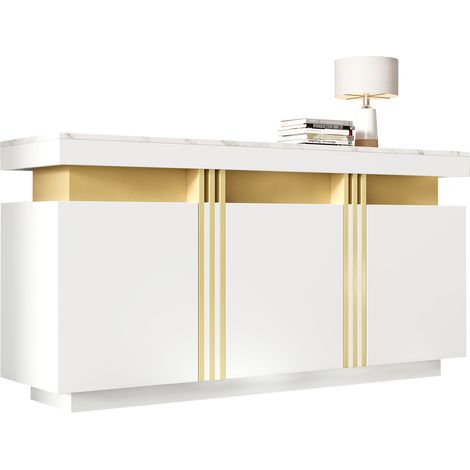 Buffet 3 portes blanc avec plateau effet marbre, 6 compartiments et cloisons réglables, meuble de rangement moderne 140 x 38 x 70 cm, pour salon et bureau  CHICFURN (1/5)