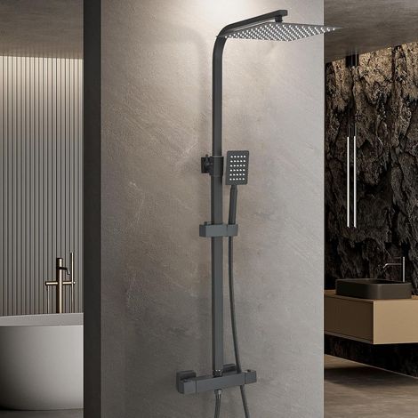 Thermostatic Shower Mixer Set Black Bathroom and with Adjustable 8 inch Overhead Rainfall Shower Head Twin Head,Bath Mixer taps with Shower (1/5)