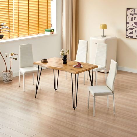 Brown Wooden Dining Table with 4 White Chairs - Dining Kitchen Room Furniture