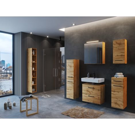 Badezimmermöbel Set in Wotan Eiche Nb. MORISSON-03 mit Spiegelschrank inkl. LED Aufbauleuchte, B/H/T: ca. 235/200/35 cm (1/5)