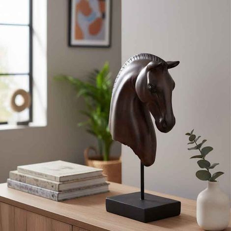 Statuette cheval tête basse polyrésine marron 29x13x43cm