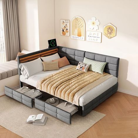 Letto matrimoniale 140x200 - Testiera a L reversibile - Rete a doghe inclusa - 2 cassetti - Porte USB e LED (1/5)