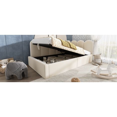 Cama de día 90x190 cm terciopelo beige con arcón, sin colchón, para espacios pequeños – MEUBLIV (1/5)