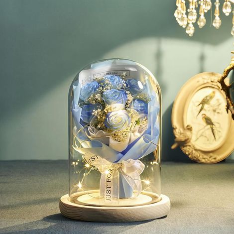 Ensemble de 7 roses illuminées par LED, abat-jour en verre, socle en bois, cadeau romantique, roses bleu glacier, idéal pour un anniversaire, décoration inoubliable, pour exprimer amour et romantisme (1/5)