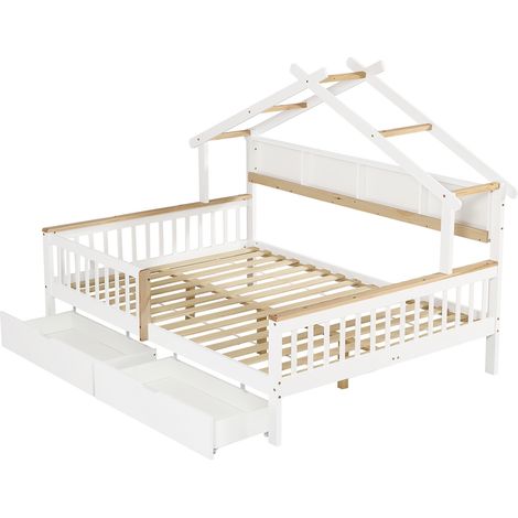 Letto a casetta 140x200 cm in pino e MDF con sponde, 2 cassetti e tetto, bianco/naturale