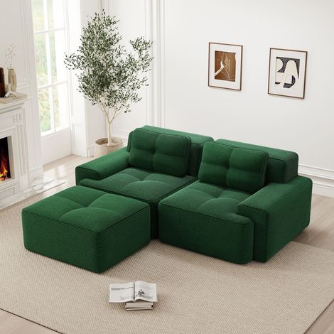 Divano angolare senza montaggio, divano modulare moderno in velluto a coste con 2 cuscini e 1 pouf, divano 2 posti trasformabile per soggiorno, verde