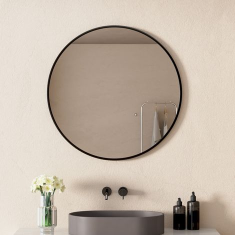 60 cm Runder Spiegel Schwarz Spiegel Rund Wandspiegel mit Rahmen aus Aluminiumlegierung für Badezimmer, Waschtisch, Wohnzimmer, Schlafzimmer, Eingangsbereich (1/5)