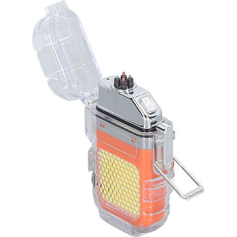 Briquet à arc électrique IP56 étanche, résistant au vent, éclairage LED, portable et multifonctionnel, double arc électrique, orange.
