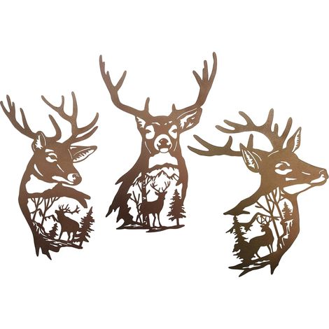 Lot de 3 décorations murales en métal avec cerf - Décoration de forêt - Décoration de chasse - Clôture extérieure - Cerf - Salon - Chambre à coucher - Salle de bain - Décoration rustique - 22,9 cm - C (1/5)