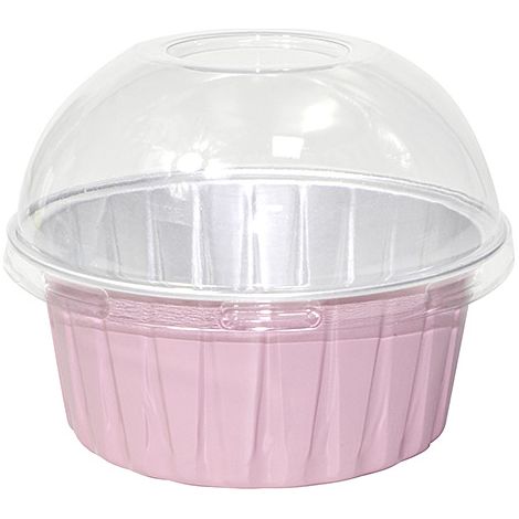 Moldes para pasteles, mini moldes de aluminio para hornear, moldes desechables para cupcakes, olla para crème brûlée (1 rosa con tapa) (1/5)