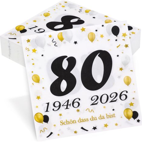 Lot de 50 serviettes de table pour 80e anniversaire 80 ans Décoration de table 1946-2026 Noir doré (1/4)