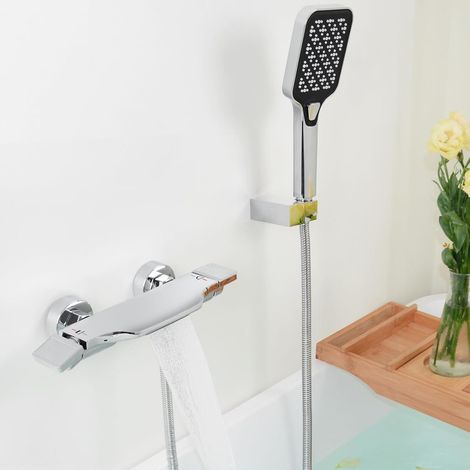 Robinet de Baignoire Cascade, Mitigeur Baignoire avec Douchette, Mitigeur Bain Douche Mural, Laiton, Chromé, 14Y1OK (1/5)