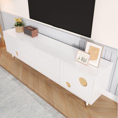 Mueble TV blanco elegante con puertas y detalle dorado OKMYHOME (1/5)