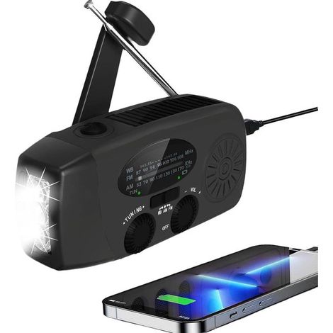 Radio portatile di emergenza, power bank (2000 mAh), torcia elettrica, a energia solare, allarme SOS, cavo USB-C, kit di emergenza, plastica, rosso (1/5)