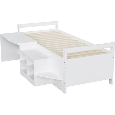 Lit enfant 90 x 200 cm blanc avec bureau rangements et prises USB (1/5)