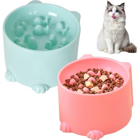 2 gamelles anti-glouton surélevées interactives (rose/vert), alimentation lente chat/petit chien