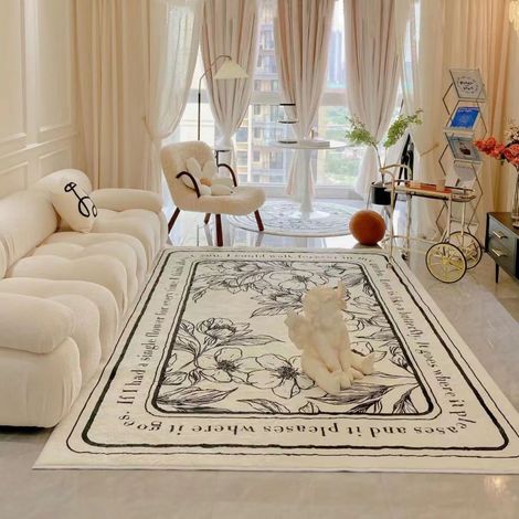 Vintage-Teppich in Schwarz-Weiß mit Blumenmuster, quadratisch, für den Wohnzimmer-Sofabereich, schlichtes und luxuriöses Pflanzendesign, Kaschmirimitat, 120×160 cm, rutschfeste Punkte. (1/3)
