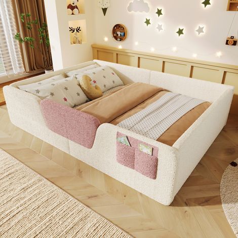 Polsterbett 140x190 cm aus Samt Beige, mit abnehmbaren Sicherheitsgittern und Seitentasche