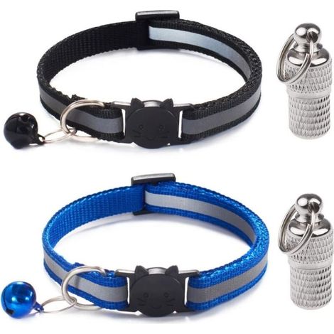Collier Chat - Réglable 19-32 cm - Bande Réfléchissante - Avec Cloche et Étiquette Identité - 2 Pièces (1/3)