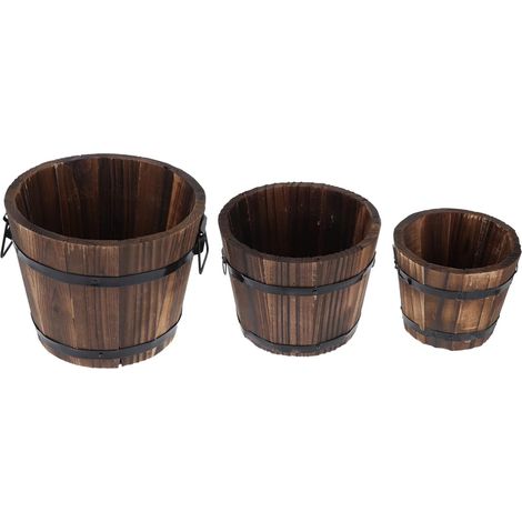 Charcoal Wood Planters, Rustic Decor, Set of 3 Sturdy Coffee-Colored Wooden Pots for Plants and Flowers, for Balcony and Home (1/5)