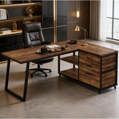Escritorio en L 134x50x75 cm negro y marrón de metal y madera con cajones y estantes reversibles (1/5)