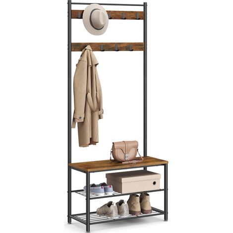 Porte-Manteau avec Étagère à Chaussures, Meuble d Entrée avec Banc, 3-en-1, Cadre en Acier, pour Entrée, Couloir, 32 x 70 x 177 cm, Style Industriel, Marron Rustique et Noir HSR41BX (1/5)
