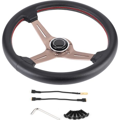 Volant de course en cuir perforé noir style NARDI 250mm/14in, 6 boulons, demi-cuve, avec pièce de klaxon modifiée (1/5)