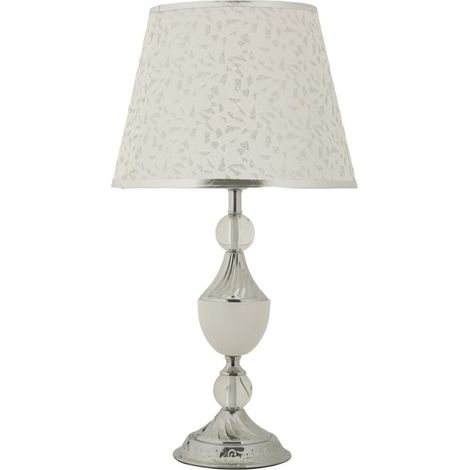 Lampada da tavolo Kody in metallo argento con paralume in tessuto bianco