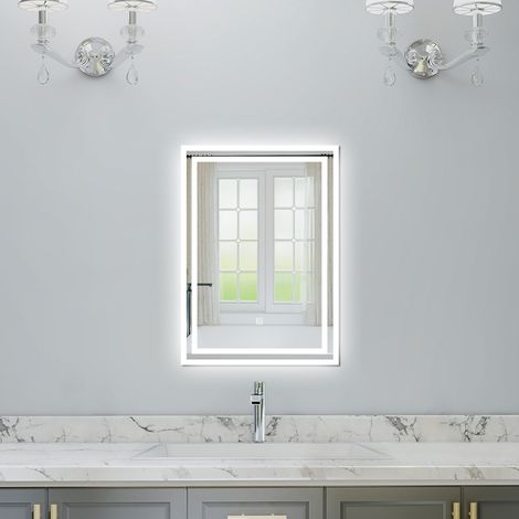 Acezanble 50x60cm Cool White Light Rectangle Bathroom LED Mirror with Anti-fog, Touch Switch, Horizontal or Vertical, IP44, Memory Function