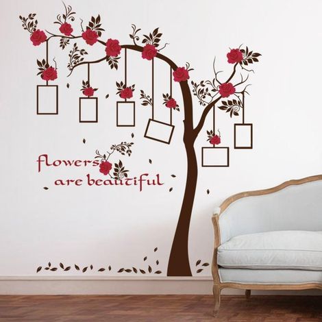 Stickers muraux en forme d'arbre et de cadre de fleurs rouges pour la décoration du salon - Papier peint autocollant (1/5)