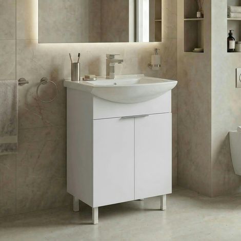 Meuble vasque salle de bains 55 cm blanc 2 portes UMI (1/4)