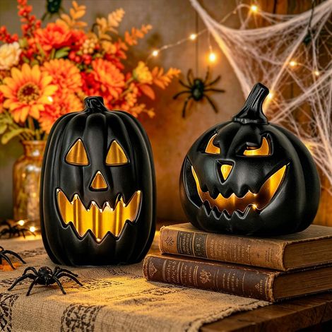 Halloween Lot de 2, Lanterne Décoration Intérieur/Extérieur avec LED Chaude, Citrouille Halloween Géante Imperméable pour Maison Hantée, Soirée Thème, Décoration Festive,Noir (1/5)