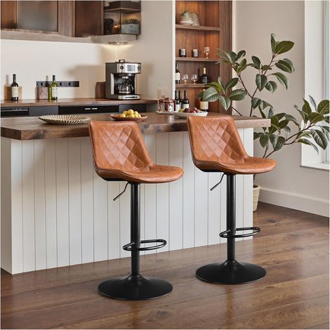 Barhocker 2er Set mit Lehne, höhenverstellbar, drehbar, Mikrofaser-Leder, Whiskybraun (1/5)
