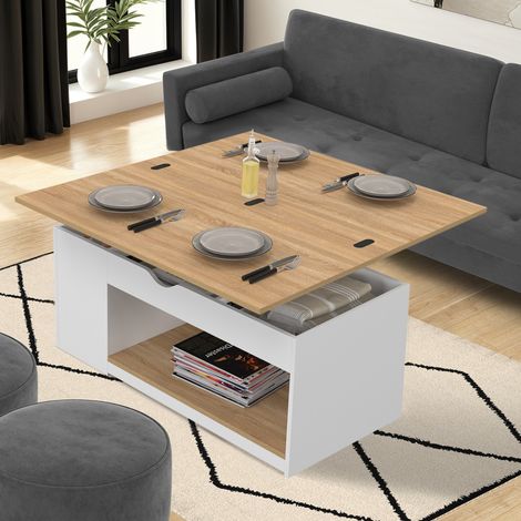 Mesa de centro rectangular con tablero elevable, convertible en mesa de comedor ELEA, 100 cm, madera blanca y chapado de haya