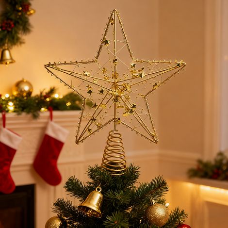 Étoile de Noël avec lumières LED pour cime de sapin, décorations de Noël dorées, Décoration de sapin de Noël, Boule de Noël, Fonctionne avec piles (1/5)