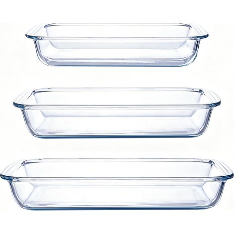 Plaques de Cuisson Rectangulaires en Verre Borosilicate de 2,3 Litres + 1,6 Litre + 1 Litre pour Micro-ondes et Four, Adaptées pour la Cuisine, la Cuisson du Pain, des Gâteaux et des Repas (1/5)