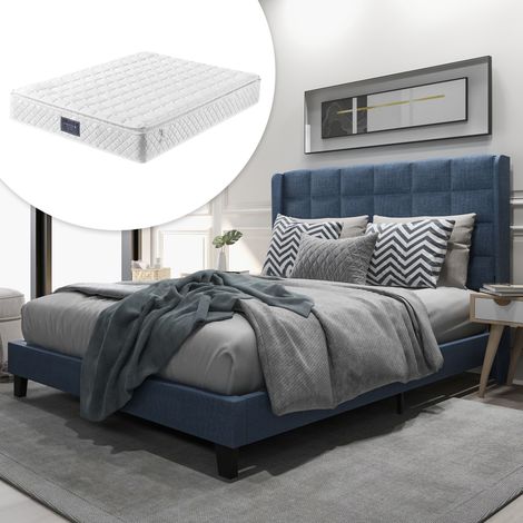 Cama tapizada 140x200 cm de lino azul con cabecero, con colchón, para dormitorio – MEUBLIV (1/5)