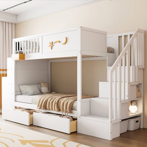 Lit superposé enfant 90x200 cm pin blanc avec tiroirs rangement, échelle, bureau et motif étoilé (1/5)