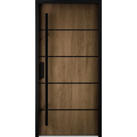 Porta d'ingresso in acciaio massiccio e inox H207 x L100 cm effetto noce - spessore 68 mm - apertura destra - LUSADA