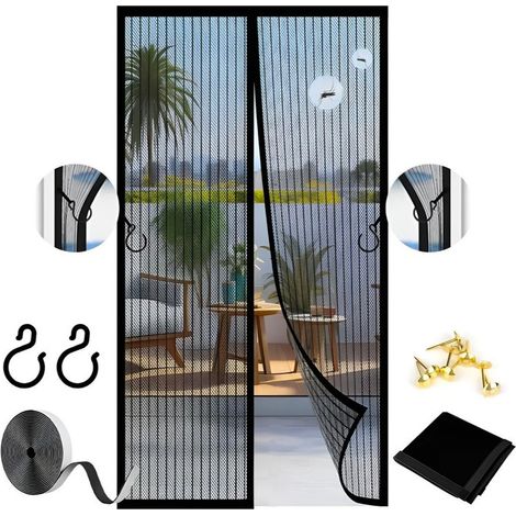 Moustiquaire Magnétique pour Porte et Fenêtre 160x220cm– Maille Ultra Fine et Très Dense, Aimants Puissants, Fermeture Automatique, Version avec Crochets – Noir (1/5)