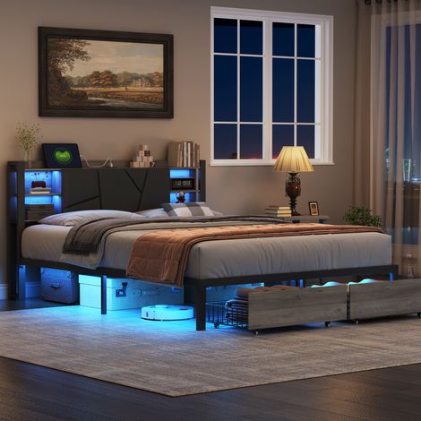 JOOKGBD - Lit Double 160x200 cm avec LED et USB, Tête de Lit Rembourrée, 2 Tiroirs de Rangement, Sommier à Lattes Inclus, Structure Métal Robuste, Sans Matelas, Gris (1/5)