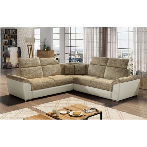 Canapé d'angle - convertible - FELIPE - en tissu beige et simili cuir écru, 5/6 places (1/5)