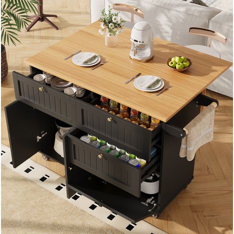 Isola cucina 133/37,3/88 cm nero con ruote e ampio spazio contenitivo (1/5)