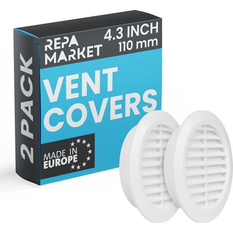 Lot de 2 grilles d'aération rondes - Plastique blanc 110 mm - Avec moustiquaire amovible - Pour ventilation intérieure et extérieure - Diamètre 126 mm (1/5)