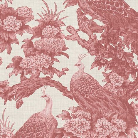 Papier peint oiseaux rouge, paon, fond crème, salon, salle à manger, tête de lit, 399824 (1/4)
